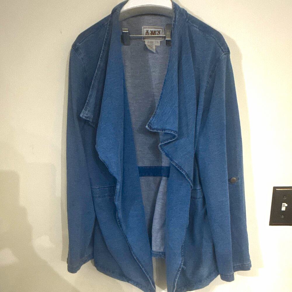 AMX Women’s Blue Open Front Draped Knit Jacket Pockets Long Sleeve Size L